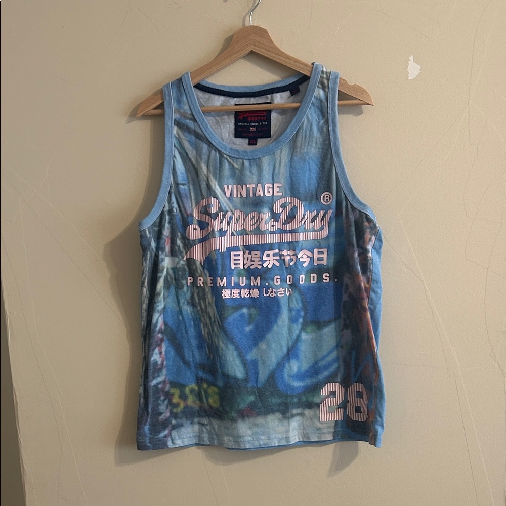Superdry Blue Graphic Tank Top with Pink Logo Men XL